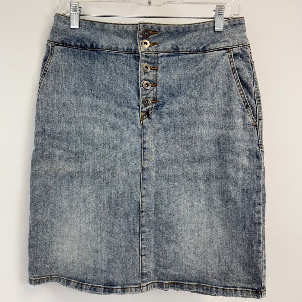 prAna Blue Denim Button Front Pencil Skirt Size 8 Organic Cotton‎ Stretch